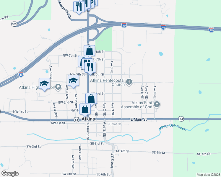 map of restaurants, bars, coffee shops, grocery stores, and more near 401 Avenue 3 Southeast in Atkins