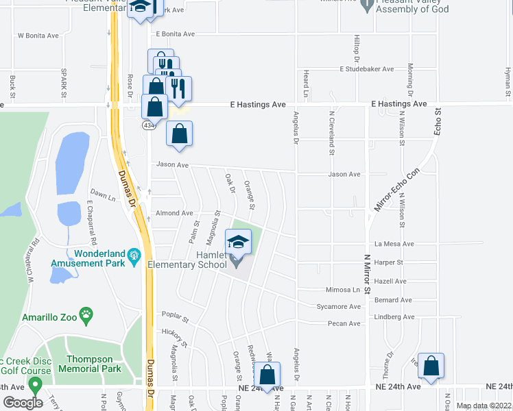 map of restaurants, bars, coffee shops, grocery stores, and more near 3108 Orange Street in Amarillo
