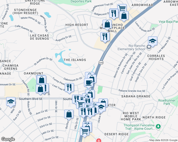 map of restaurants, bars, coffee shops, grocery stores, and more near 4006 Saint Andrews Drive Southeast in Rio Rancho