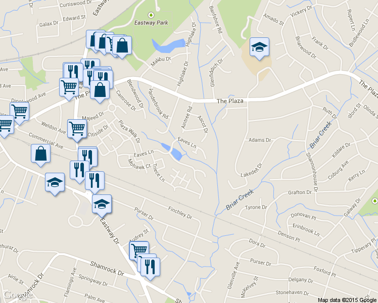 map of restaurants, bars, coffee shops, grocery stores, and more near 1104 New Day Court in Charlotte