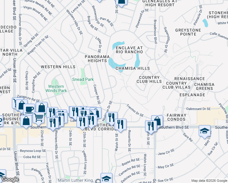 map of restaurants, bars, coffee shops, grocery stores, and more near 748 Nicklaus Drive Southeast in Rio Rancho