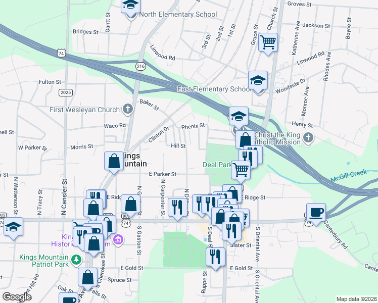 map of restaurants, bars, coffee shops, grocery stores, and more near 310 North Dilling Street in Kings Mountain