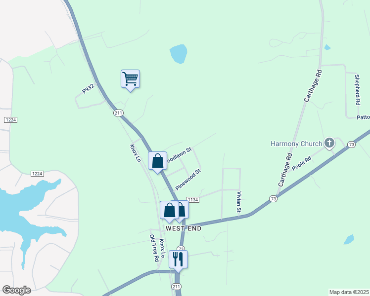 map of restaurants, bars, coffee shops, grocery stores, and more near 187 Woodlawn Street in Moore County