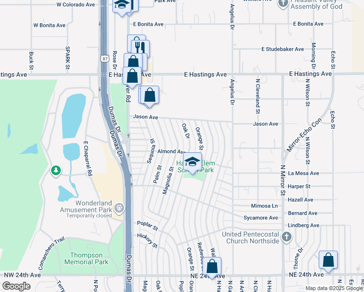 map of restaurants, bars, coffee shops, grocery stores, and more near 3103 Oak Drive in Amarillo