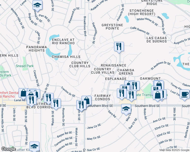 map of restaurants, bars, coffee shops, grocery stores, and more near 831 Country Club Drive Southeast in Rio Rancho