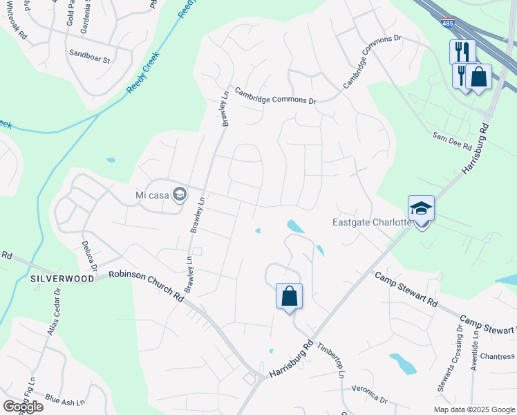 map of restaurants, bars, coffee shops, grocery stores, and more near 5920 Ellimar Field Lane in Charlotte