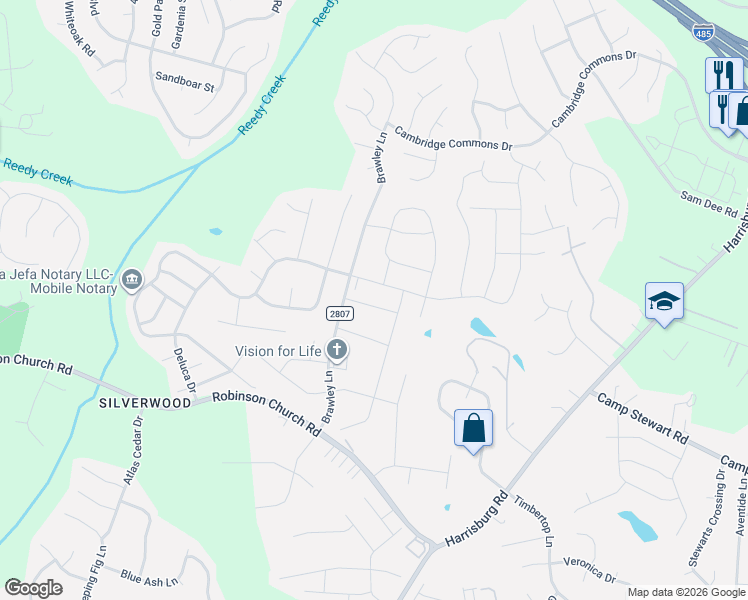 map of restaurants, bars, coffee shops, grocery stores, and more near 8514 Mansell Court in Charlotte