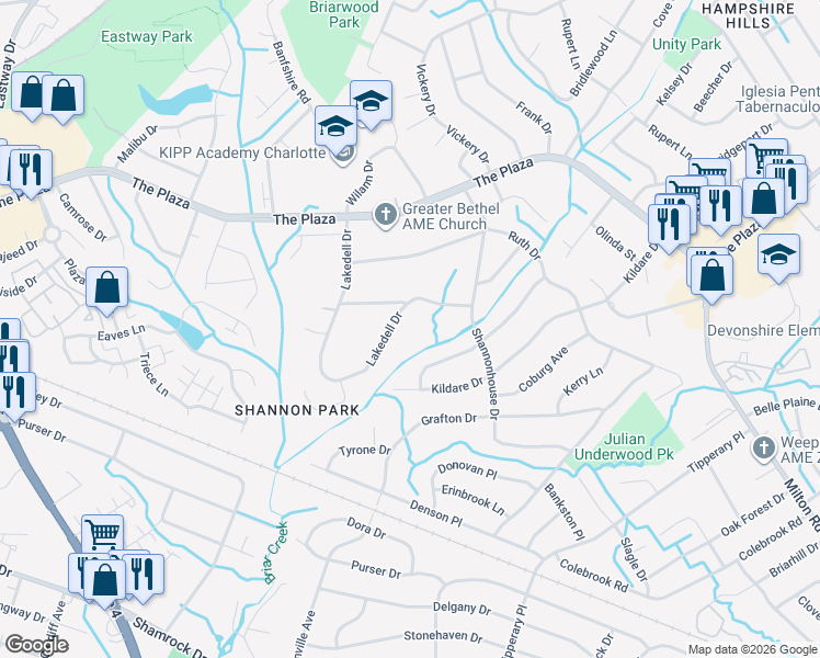 map of restaurants, bars, coffee shops, grocery stores, and more near 1810 Lakedell Drive in Charlotte