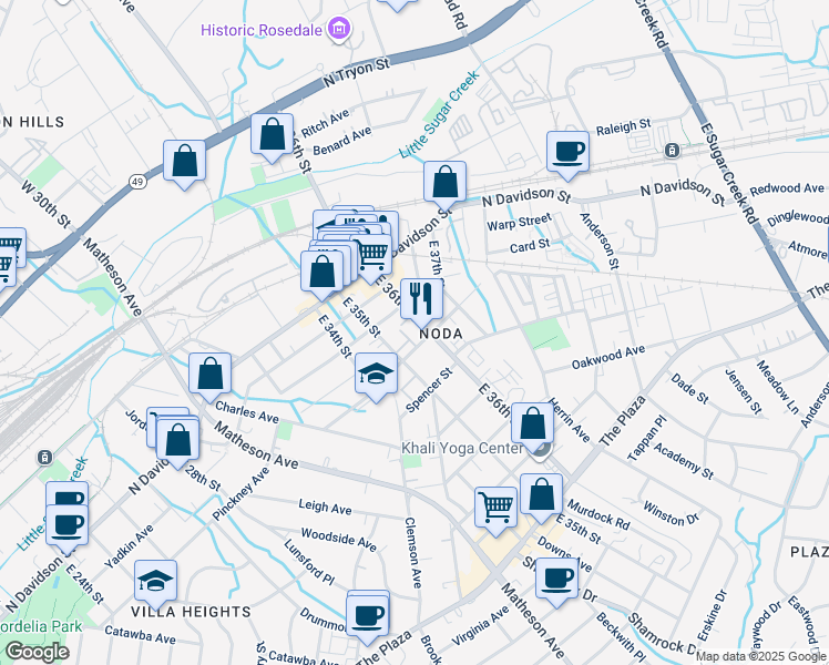 map of restaurants, bars, coffee shops, grocery stores, and more near 721 East 35th Street in Charlotte