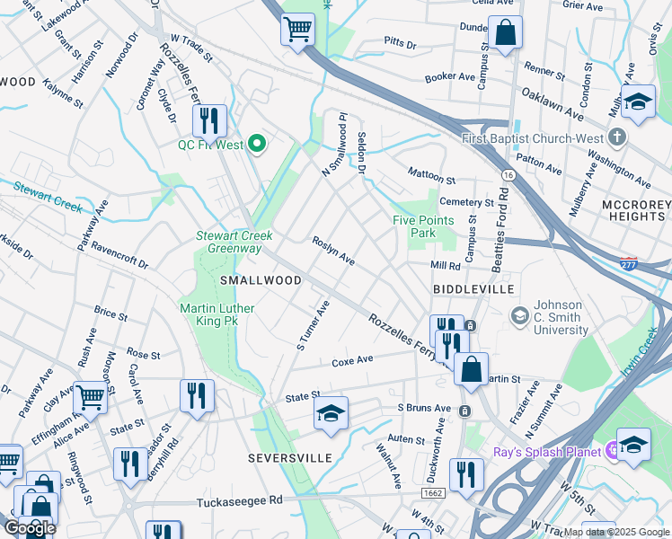map of restaurants, bars, coffee shops, grocery stores, and more near 2314 Rozzelles Ferry Road in Charlotte