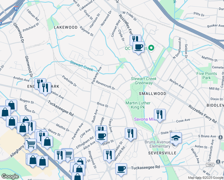 map of restaurants, bars, coffee shops, grocery stores, and more near 2815 Ravencroft Drive in Charlotte