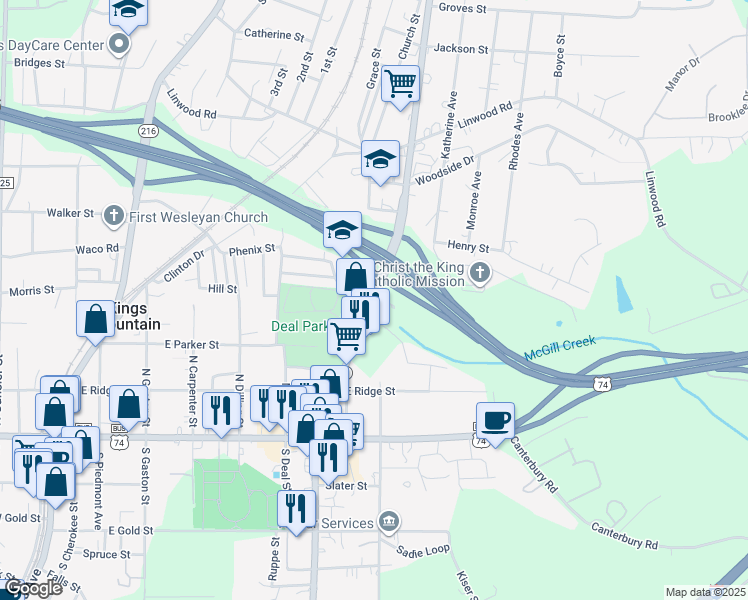 map of restaurants, bars, coffee shops, grocery stores, and more near 220 Cleveland Avenue in Kings Mountain