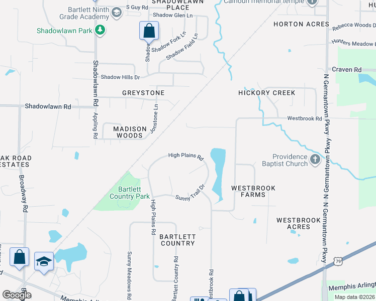 map of restaurants, bars, coffee shops, grocery stores, and more near 4379 High Plains Road in Bartlett