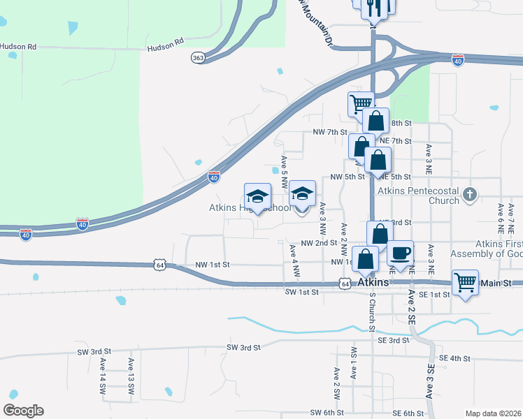 map of restaurants, bars, coffee shops, grocery stores, and more near 611 Northwest 4th Street in Atkins