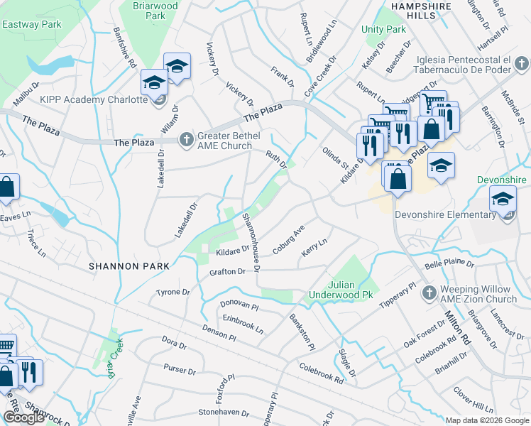 map of restaurants, bars, coffee shops, grocery stores, and more near 5326 Dolphin Lane in Charlotte