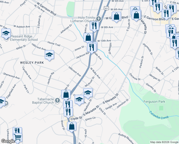 map of restaurants, bars, coffee shops, grocery stores, and more near 409 West Ruby Avenue in Gastonia