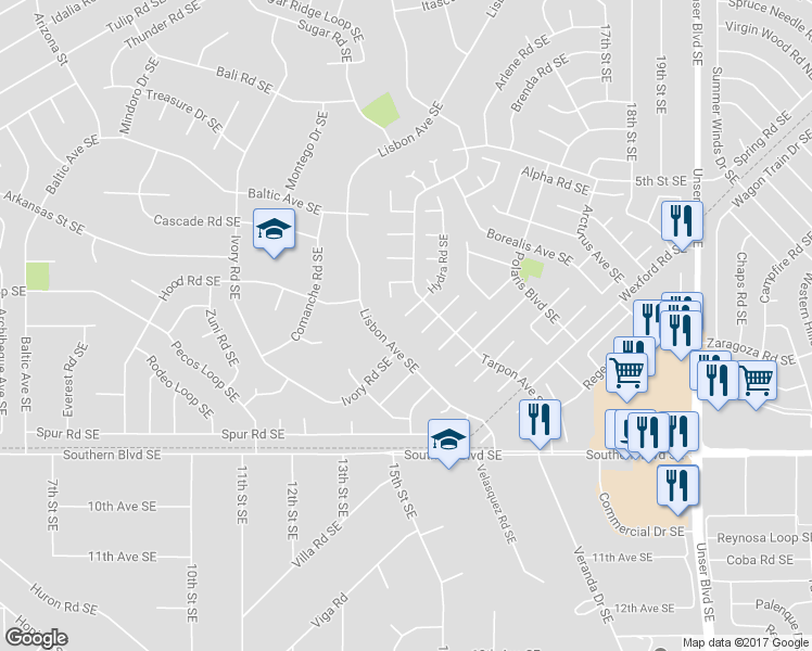 map of restaurants, bars, coffee shops, grocery stores, and more near 1330 Manzanita Court Southeast in Rio Rancho