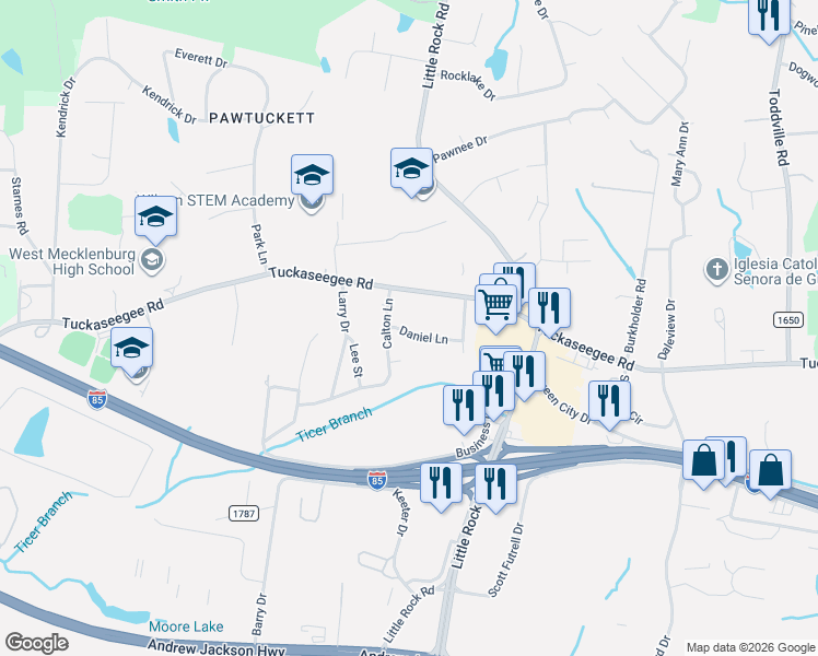 map of restaurants, bars, coffee shops, grocery stores, and more near 7012 Daniel Lane in Charlotte