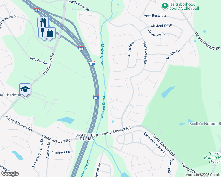 map of restaurants, bars, coffee shops, grocery stores, and more near 6606 Kingbird Court in Charlotte