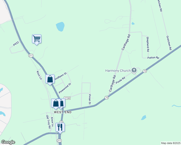 map of restaurants, bars, coffee shops, grocery stores, and more near 218 Vivian Street in Moore County