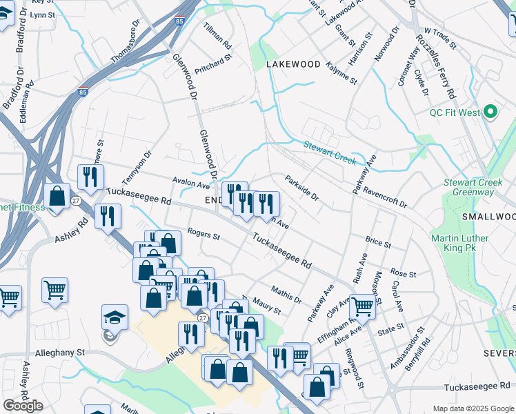 map of restaurants, bars, coffee shops, grocery stores, and more near 1100 Karendale Avenue in Charlotte