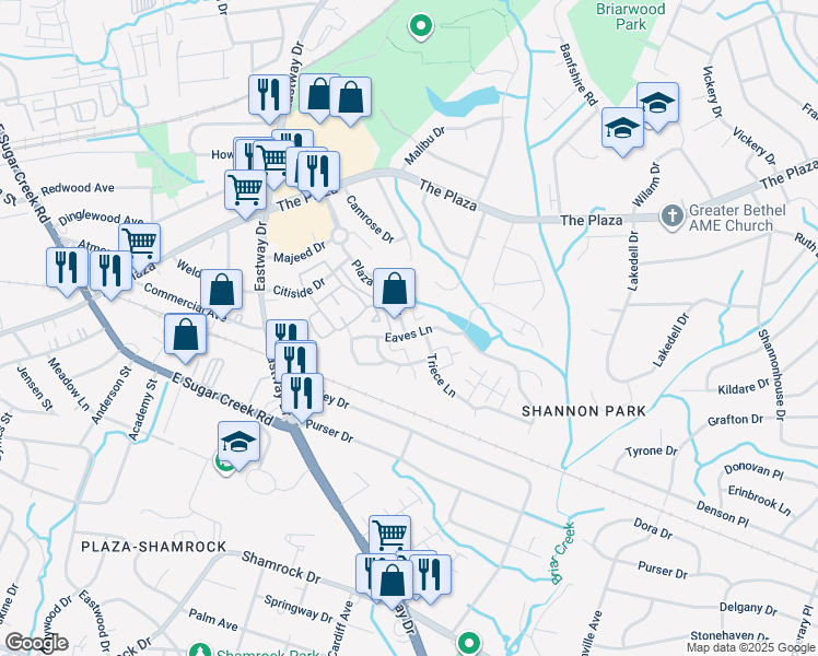 map of restaurants, bars, coffee shops, grocery stores, and more near 4515 Eaves Lane in Charlotte