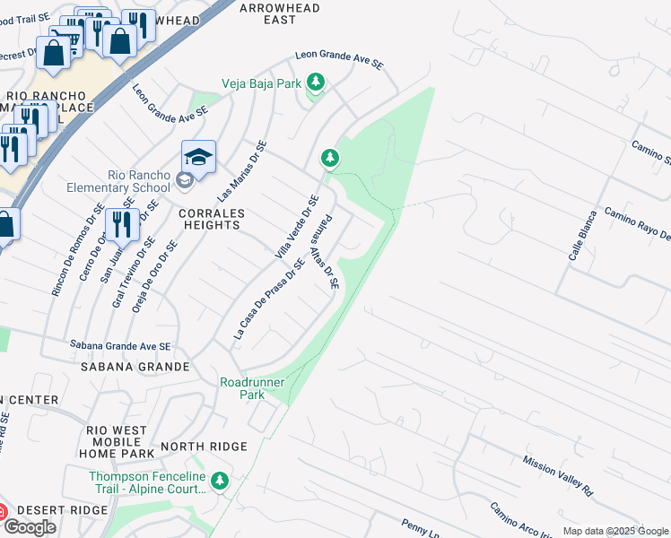 map of restaurants, bars, coffee shops, grocery stores, and more near 612 Palmas Altas Drive Southeast in Rio Rancho