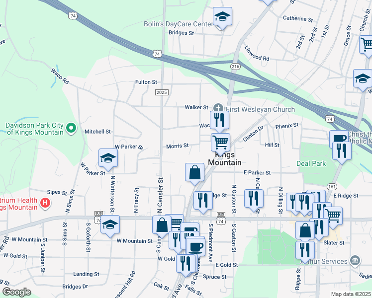 map of restaurants, bars, coffee shops, grocery stores, and more near 321 Waters Street in Kings Mountain
