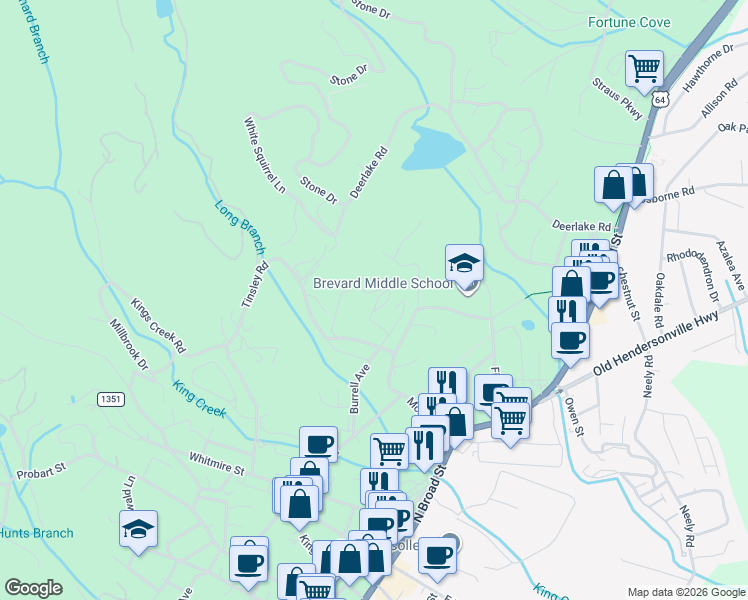 map of restaurants, bars, coffee shops, grocery stores, and more near 145 Elliott Road in Brevard
