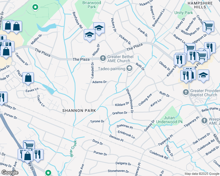 map of restaurants, bars, coffee shops, grocery stores, and more near 1810 Lakedell Drive in Charlotte