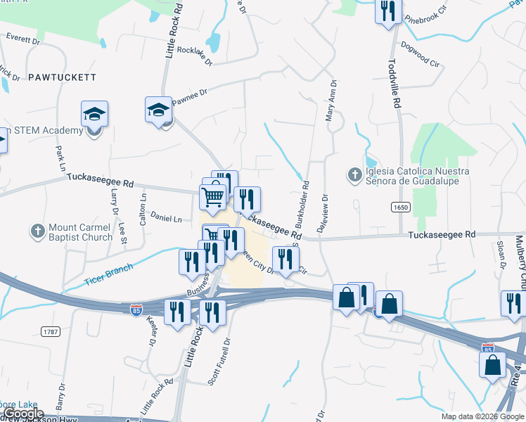 map of restaurants, bars, coffee shops, grocery stores, and more near 6524 Tuckaseegee Road in Charlotte