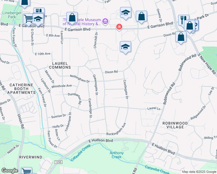 map of restaurants, bars, coffee shops, grocery stores, and more near 1202 Churchill Drive in Gastonia