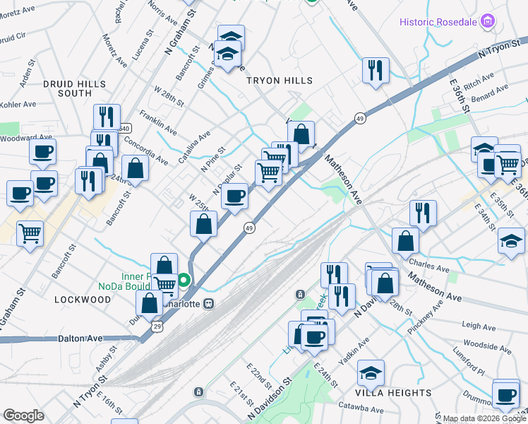 map of restaurants, bars, coffee shops, grocery stores, and more near 198 W 26th St in Charlotte