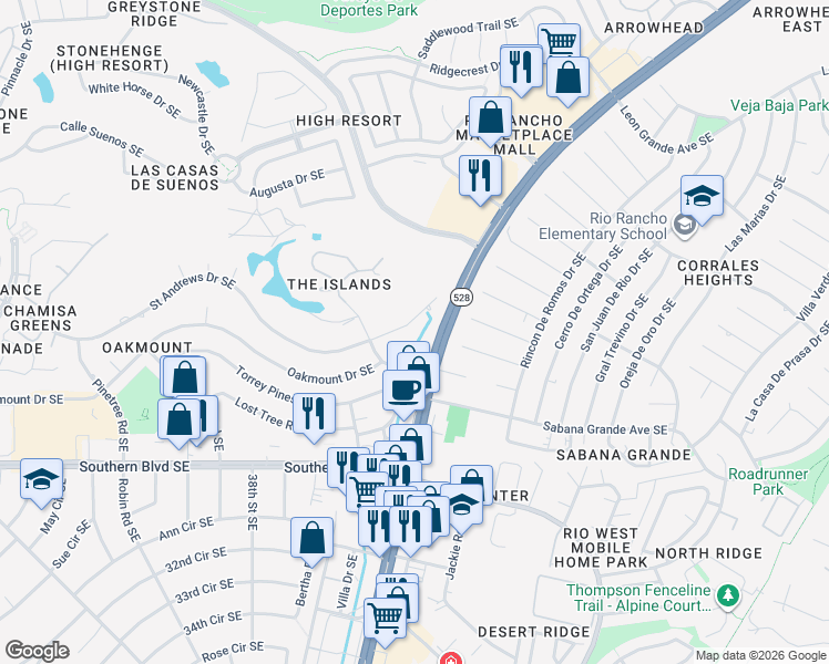map of restaurants, bars, coffee shops, grocery stores, and more near 4006 Saint Andrews Drive Southeast in Rio Rancho