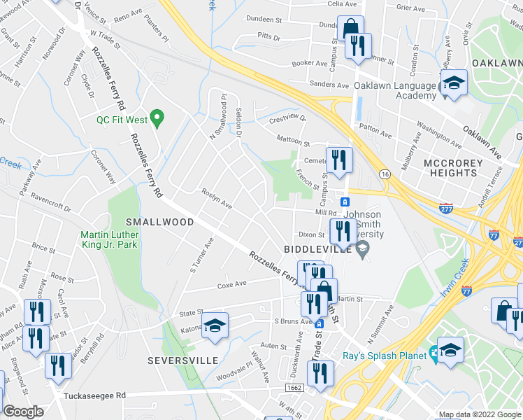 map of restaurants, bars, coffee shops, grocery stores, and more near W Trade St & Bacon Ave in Charlotte