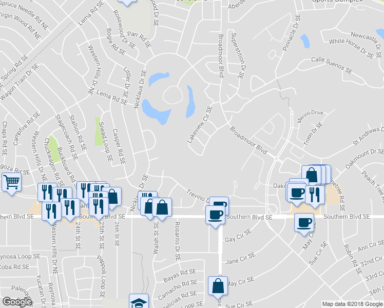 map of restaurants, bars, coffee shops, grocery stores, and more near 636 Lakeview Circle Southeast in Rio Rancho