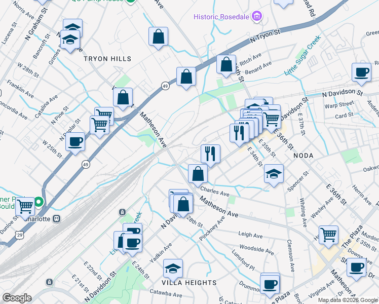 map of restaurants, bars, coffee shops, grocery stores, and more near 2723 North Brevard Street in Charlotte