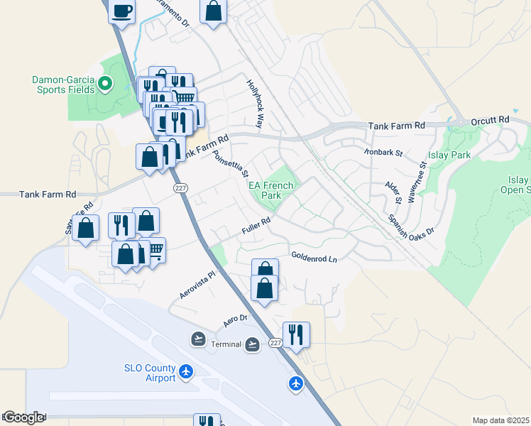 map of restaurants, bars, coffee shops, grocery stores, and more near 976 Fuller Road in San Luis Obispo