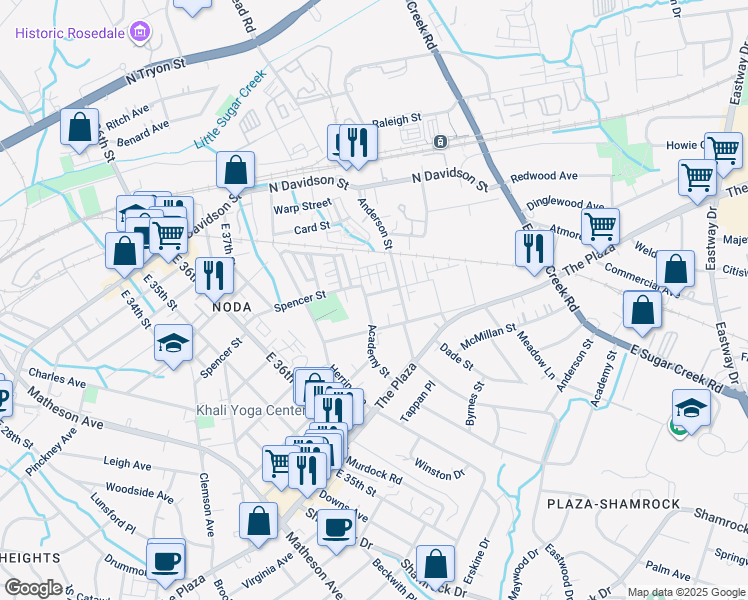 map of restaurants, bars, coffee shops, grocery stores, and more near 922 Academy Street in Charlotte