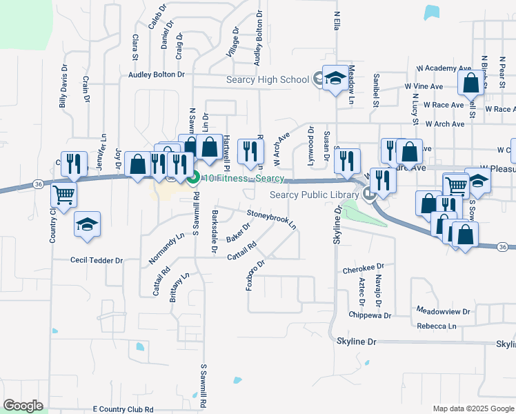 map of restaurants, bars, coffee shops, grocery stores, and more near 17 Stoneybrook Lane in Searcy