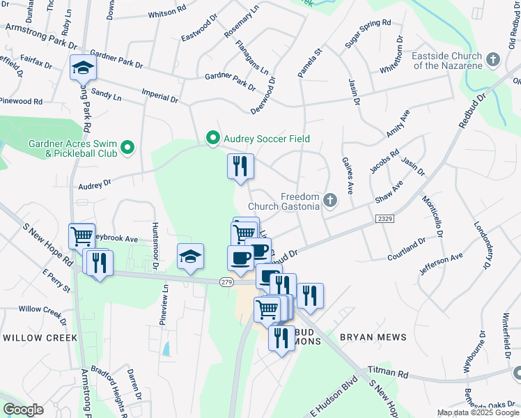 map of restaurants, bars, coffee shops, grocery stores, and more near 2233 Linda Street in Gastonia