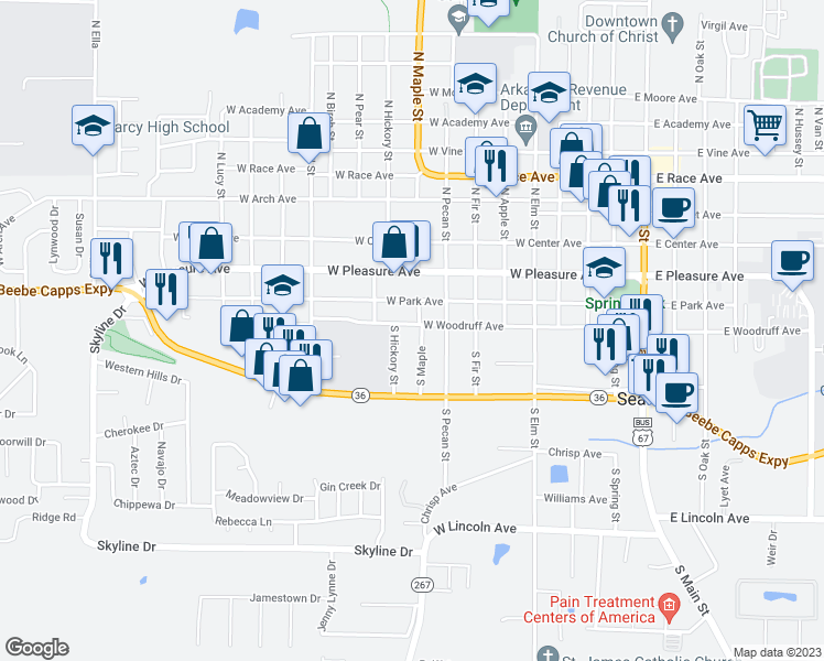 map of restaurants, bars, coffee shops, grocery stores, and more near 803 West Woodruff Avenue in Searcy