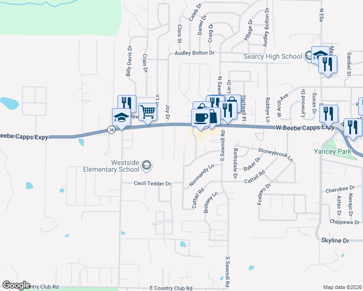 map of restaurants, bars, coffee shops, grocery stores, and more near 413 Chesapeake Drive in Searcy