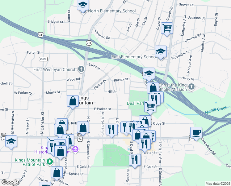 map of restaurants, bars, coffee shops, grocery stores, and more near 310 North Dilling Street in Kings Mountain