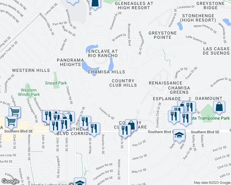 map of restaurants, bars, coffee shops, grocery stores, and more near 631 Lakeview Circle Southeast in Rio Rancho