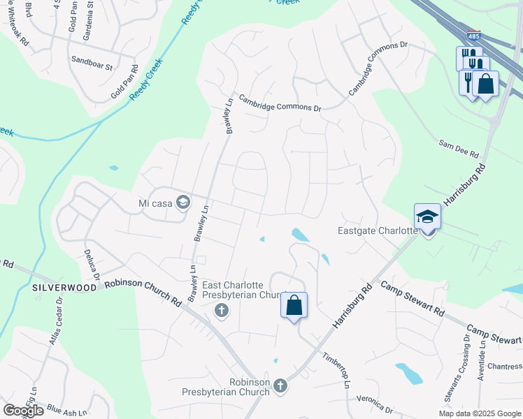 map of restaurants, bars, coffee shops, grocery stores, and more near 6424 Ellimar Field Lane in Charlotte