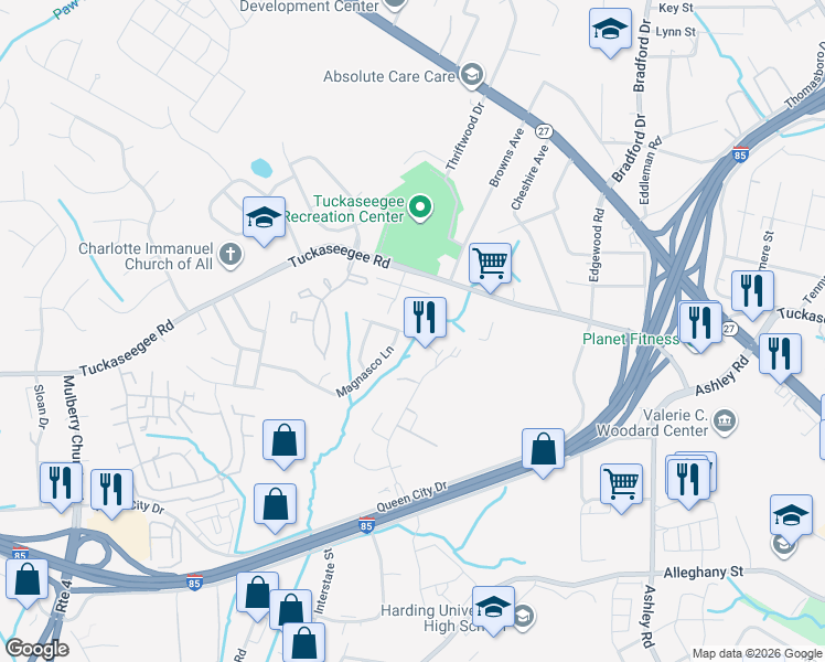 map of restaurants, bars, coffee shops, grocery stores, and more near 4811 Magnasco Lane in Charlotte