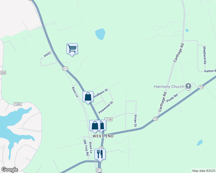 map of restaurants, bars, coffee shops, grocery stores, and more near 197 Woodland Drive in Pinehurst