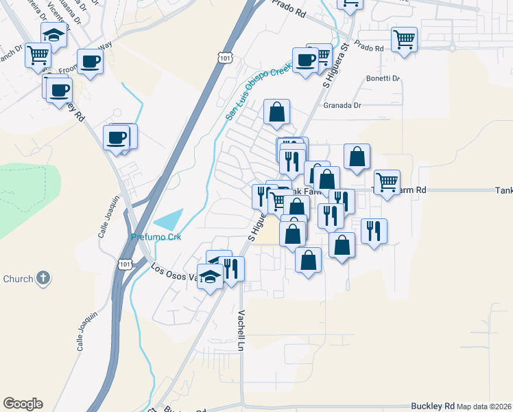 map of restaurants, bars, coffee shops, grocery stores, and more near 80 Mariposa Drive in San Luis Obispo