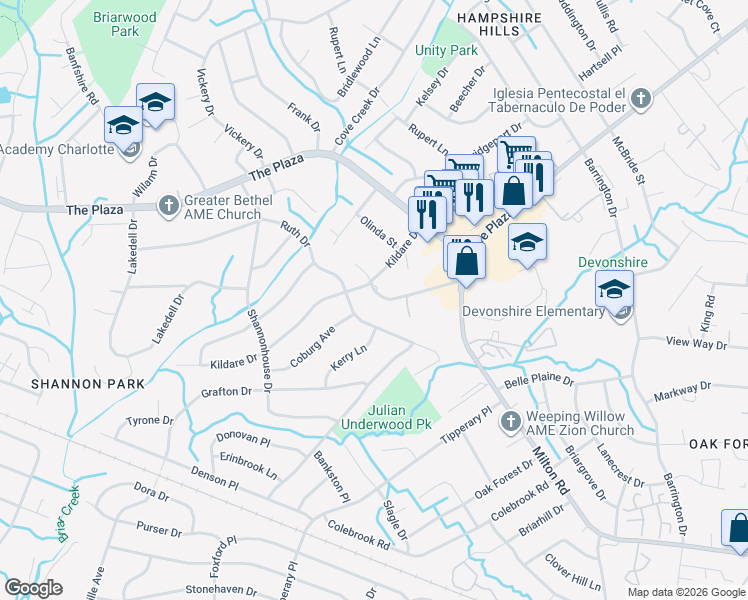 map of restaurants, bars, coffee shops, grocery stores, and more near 5610 Joyce Drive in Charlotte